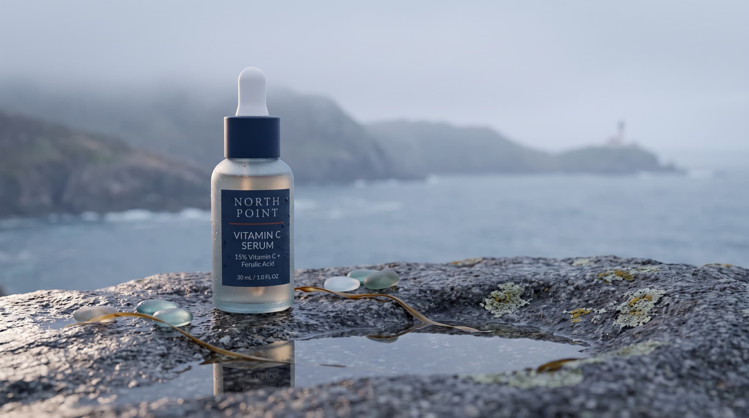 Vitamin C Serum on wet coastal rock with a misty sea and a distant lighthouse
