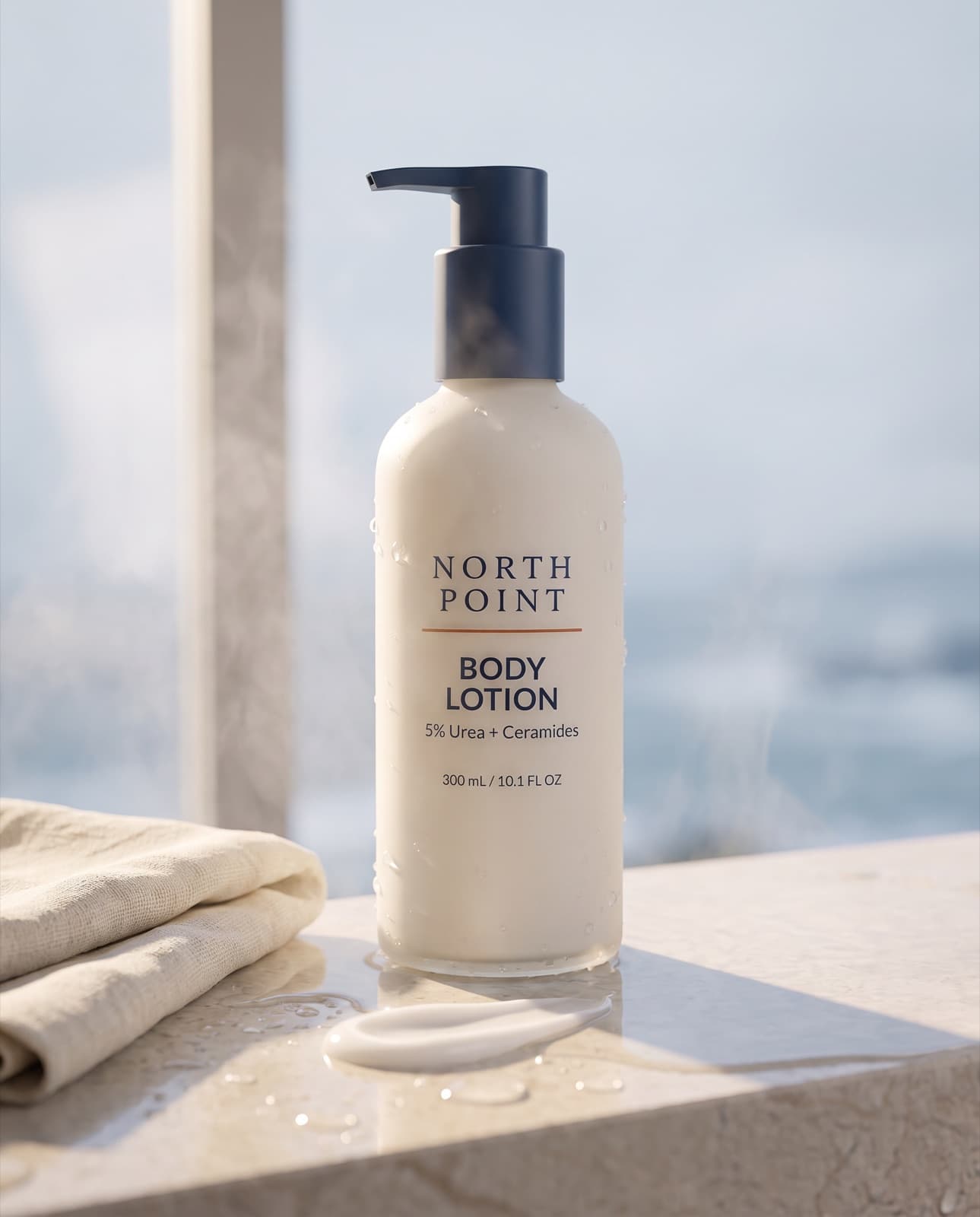 Body Lotion beside a linen towel on a wet shower ledge, with a swirl of lotion in front