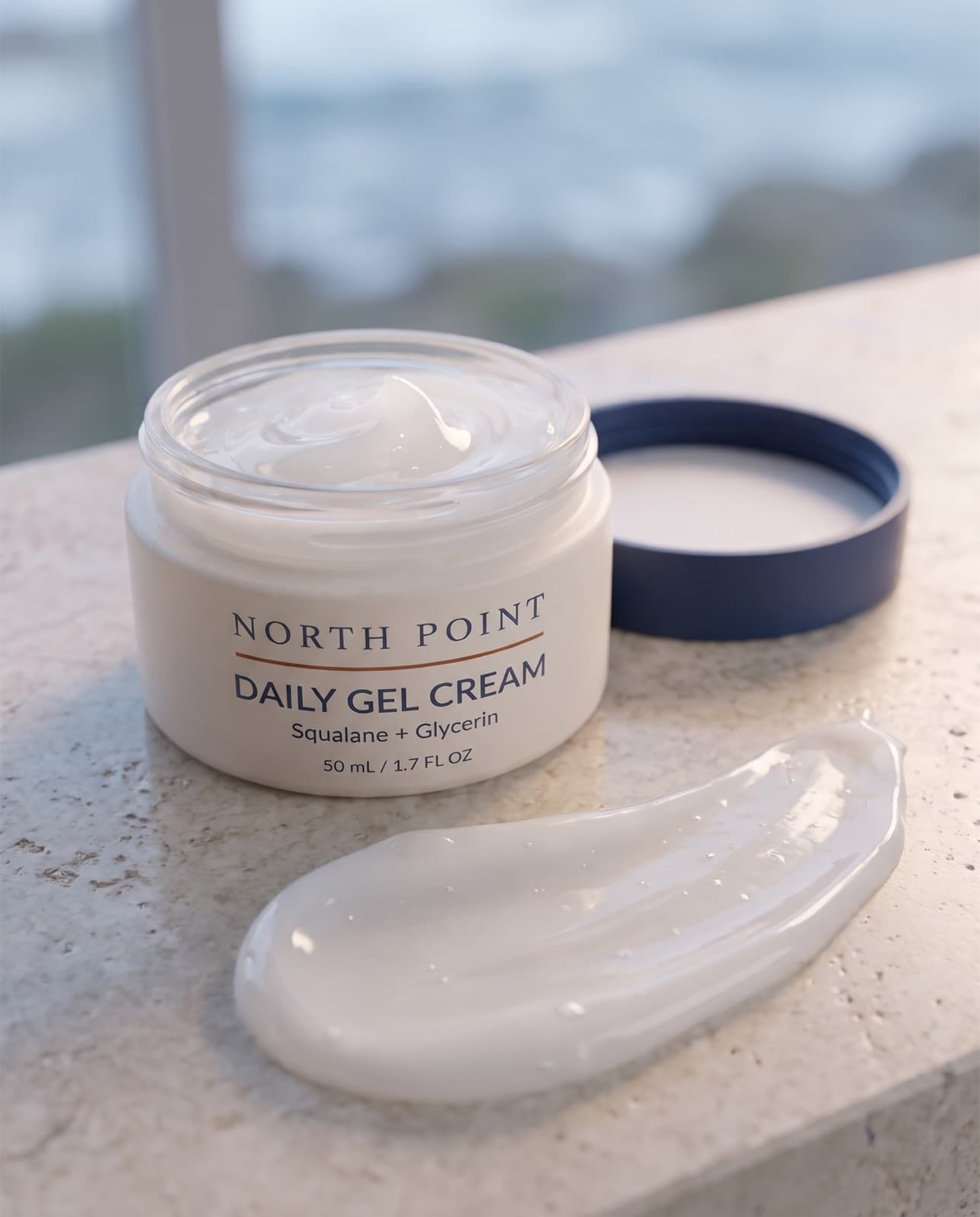 An open jar of Daily Gel Cream with a swatch of gel-cream spread across the stone