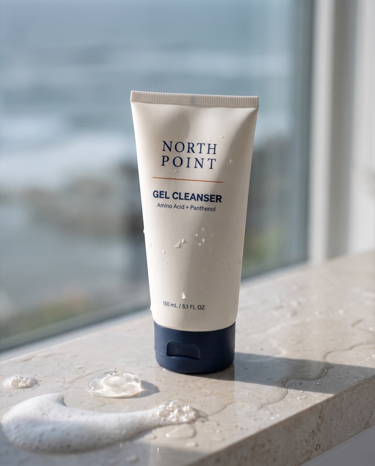 Gel Cleanser with a dollop of gel and lather on a wet stone basin