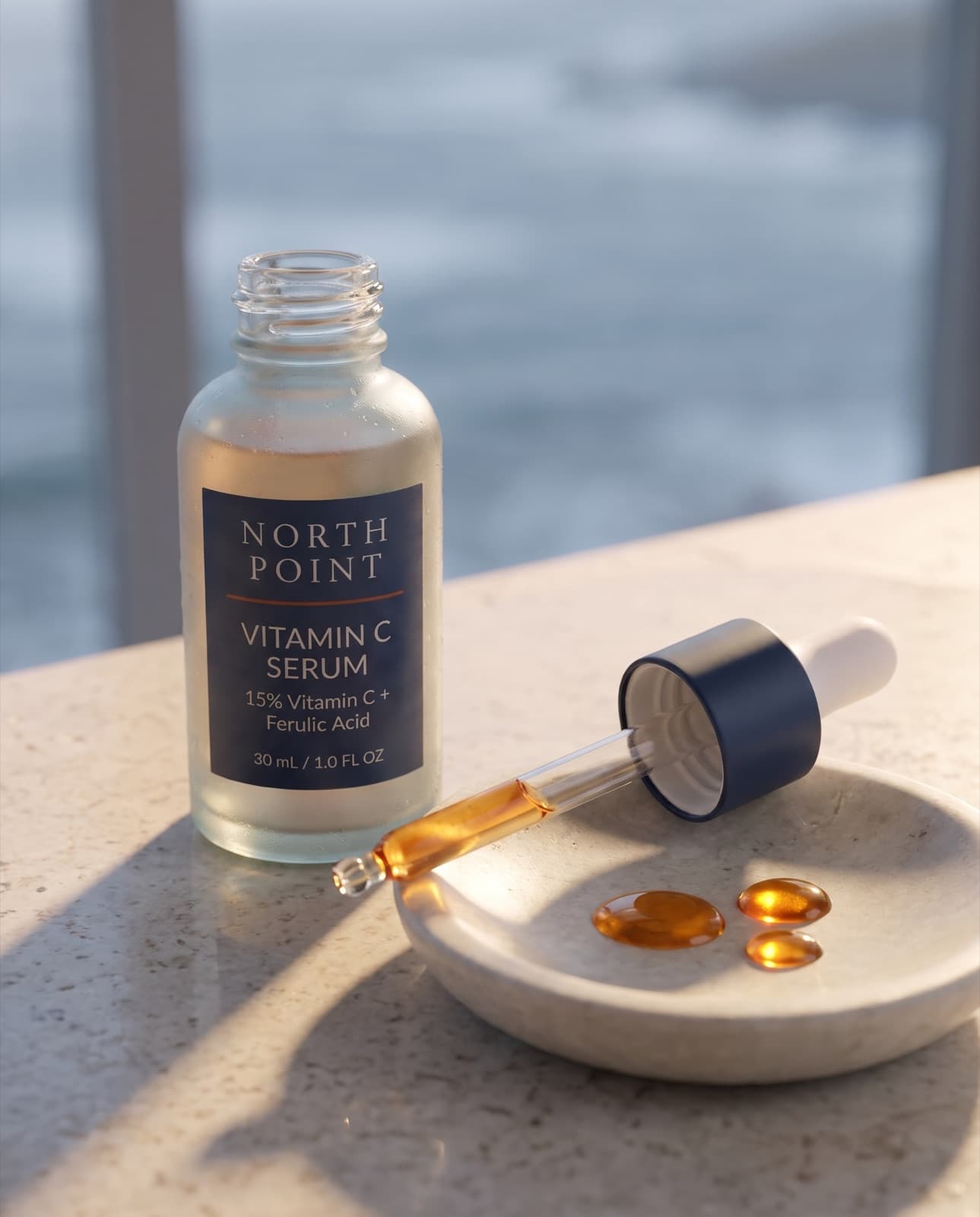Vitamin C Serum with its dropper resting on a small stone dish holding three amber drops
